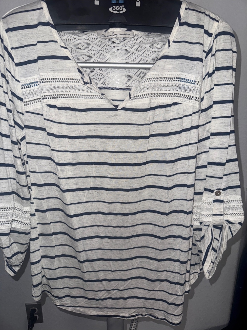 American Rag White & Navy Striped Lace-Yoke Blouse